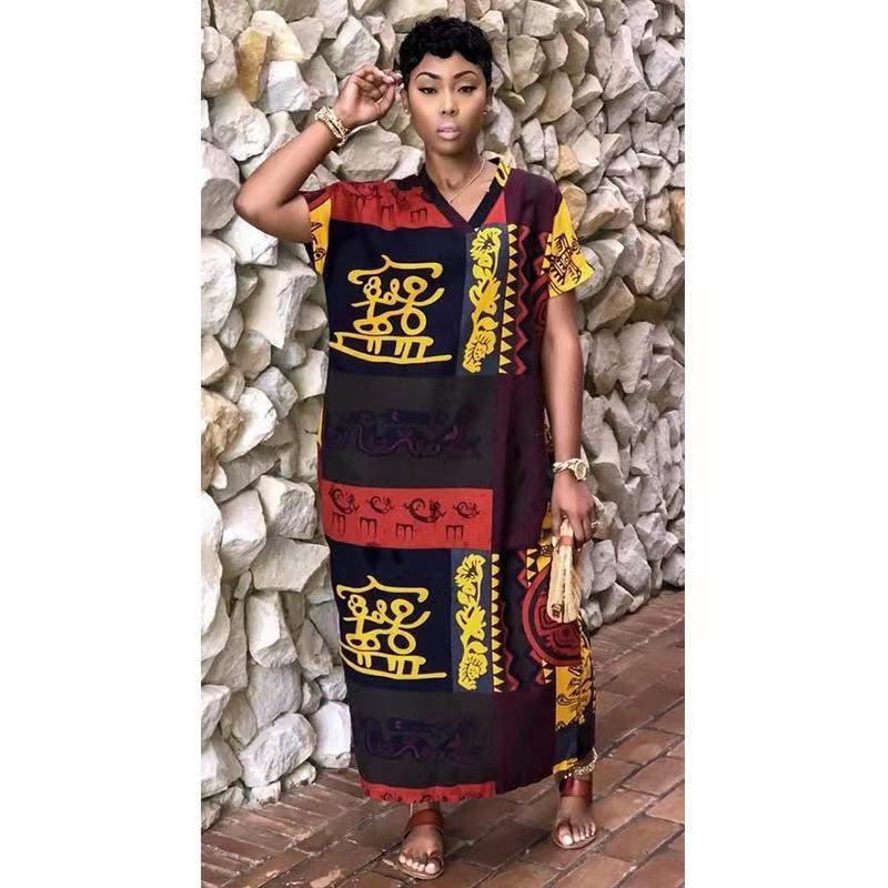 Sixsr New Design Vintage Pattern Short Sleeve Kaftan Women Maxi Dress Africa Clothing