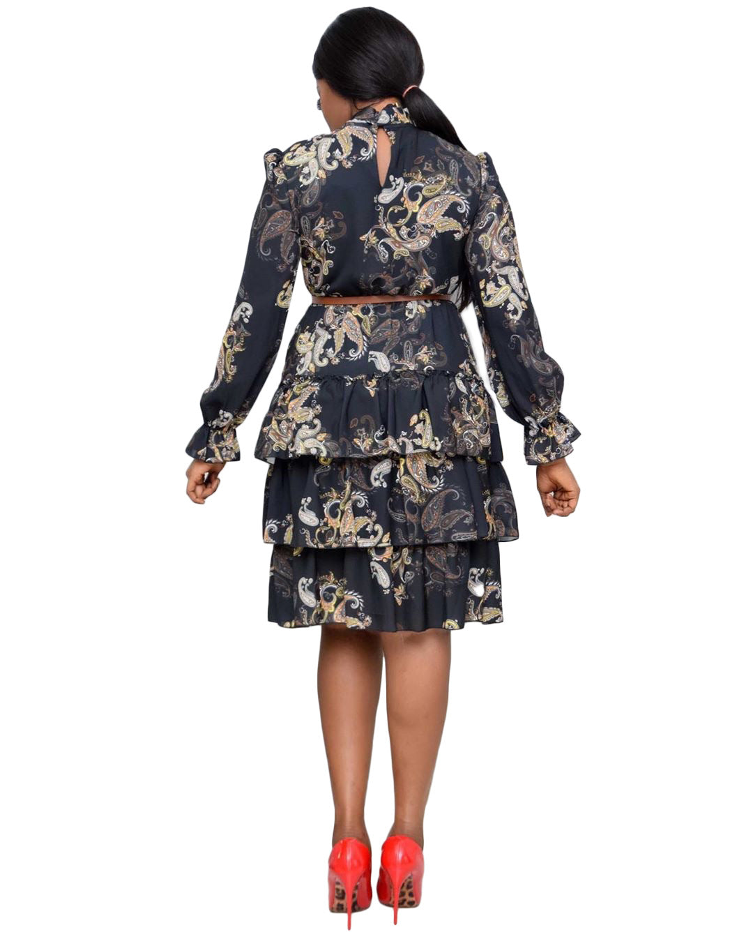 Sixsr Women Printed Dresses Long Sleeves Bowtie Cake Dress Female Ruffles Pleated Africn Fashion Lovely Date Sweet Vestidos Plus Size