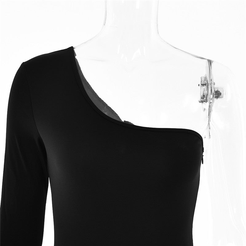 Patchwork Diamond Fishnet Bodycon Women Jumpsuit Black One Shoulder Long Sleeve Jumpsuit Lady Sexy Evening Party Clothes