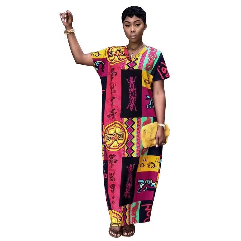 Sixsr New Design Vintage Pattern Short Sleeve Kaftan Women Maxi Dress Africa Clothing