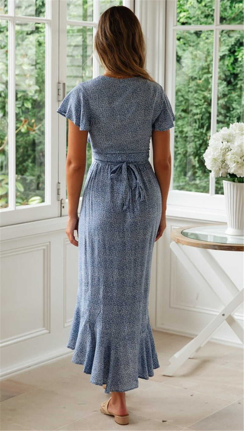 sixsr  Fashion Trends Red dot Print Boho Long Chiffon Summer Beach Midi Dress Women Floral V-Neck Folds Ruffles Wrap Dresses Casual Split  vestidos