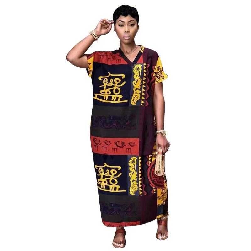 Sixsr New Design Vintage Pattern Short Sleeve Kaftan Women Maxi Dress Africa Clothing