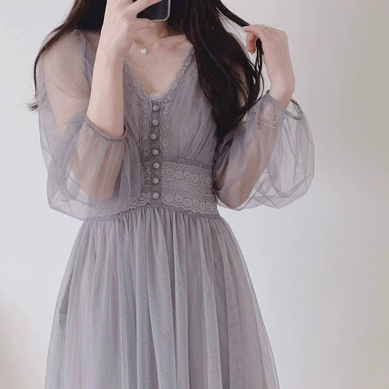 Fall Brand New Women Dress V-neck Puff Sleeve Mesh Midi Dress Plus Size Fairy Tulle Lace Dress Elegant Long Dress Vestidos