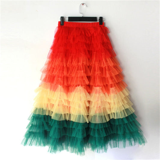 sixsr jupe femme ete  Spring Party Skirt Elastic High Waist Long Tulle Skirt Women Multilayer ruffles Pink Mesh Tutu Skirt Ladies