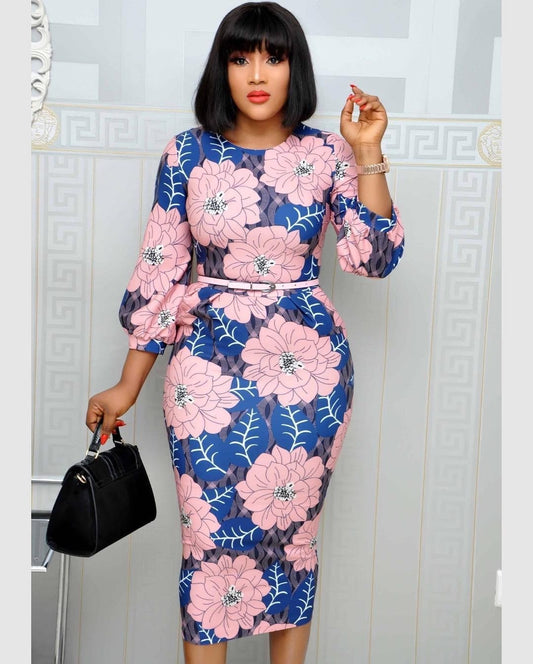 Sixsr Women Bodycon Printed Dress Three Quarter Sleeves Midi Office Ladies Work Wear Elegant Classy Vestidos African Female Plus Size
