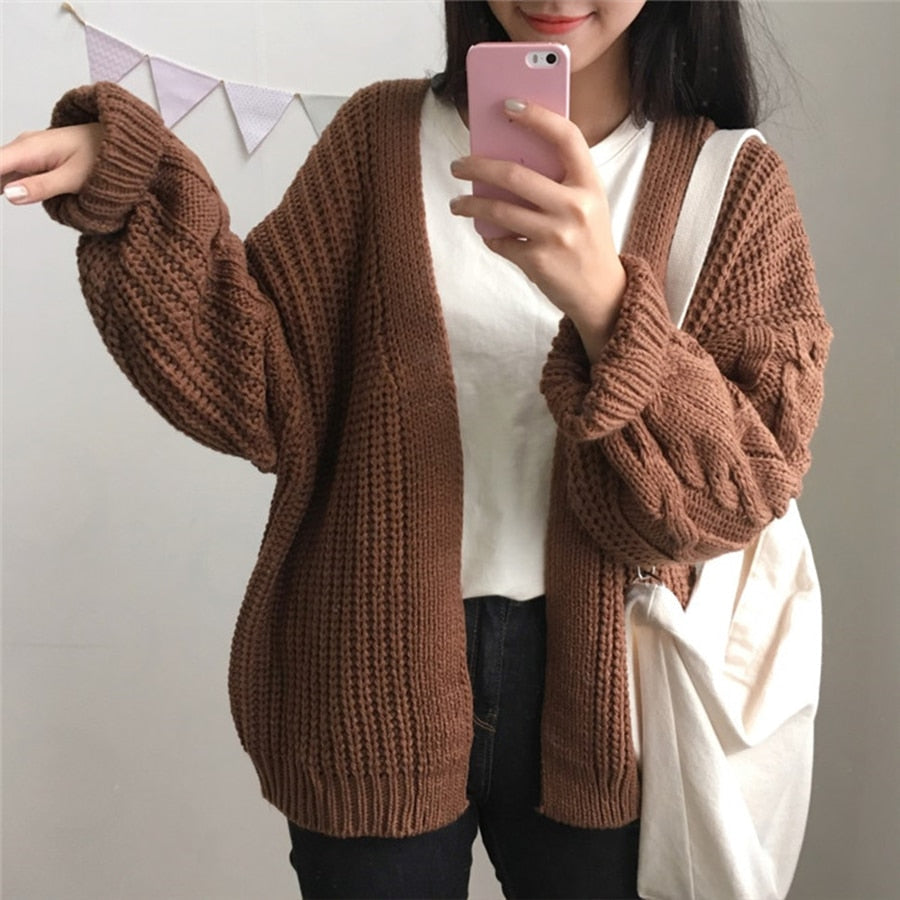 Sixsr New Autumn Knit Sweater Women Fashion Harajuku Loose Warm Cardigan Women College Casual Long Sleeve Winter Coat
