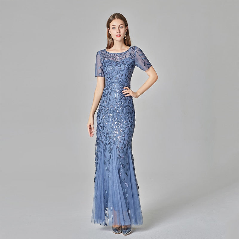 sixsr Plus Size Evening Dresses Mermaid O Neck Short Sleeve Lace Appliques Tulle Long Party Gown Robe Soiree Sexy Formal Dress vestido