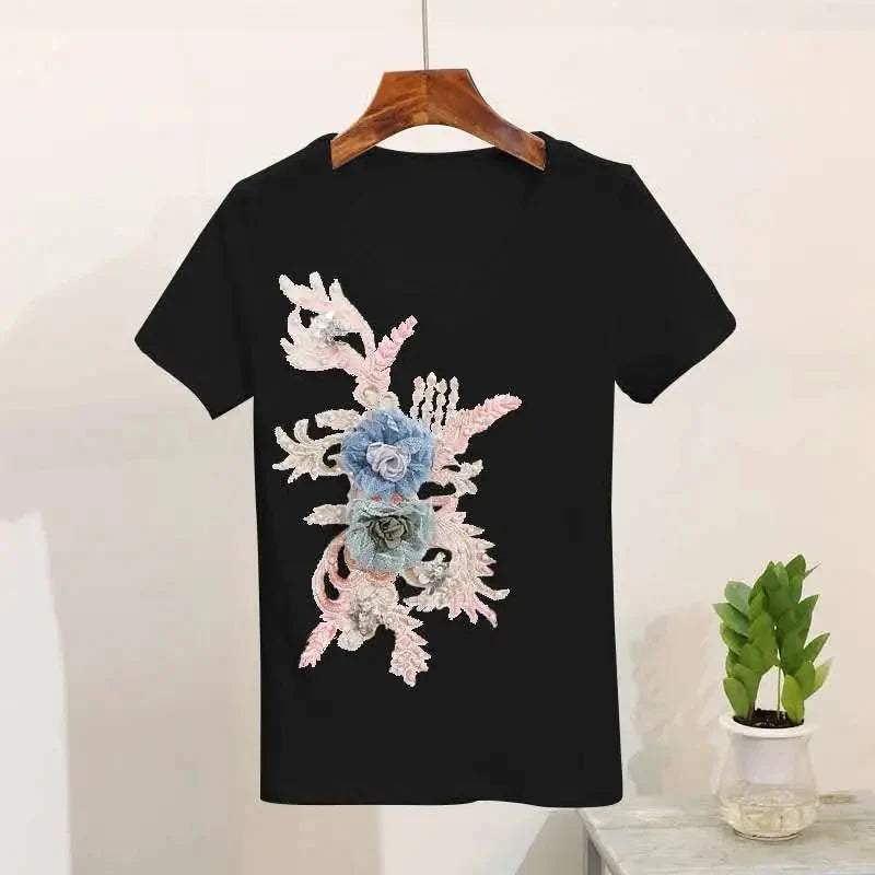 Sixsr One-Piece/Set Summer New Women Denim Pants Beaded Embroidery Short-Sleeved + Small Feet Hole Jeans Female Two-Piece Suit425
