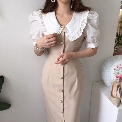 Sixsr Summer Outfits Dress Women Fashion Peter Pan Collar Puff Sleeve Single Breasted Slim Long Vestidos Korean Chic Robe Elegant Female