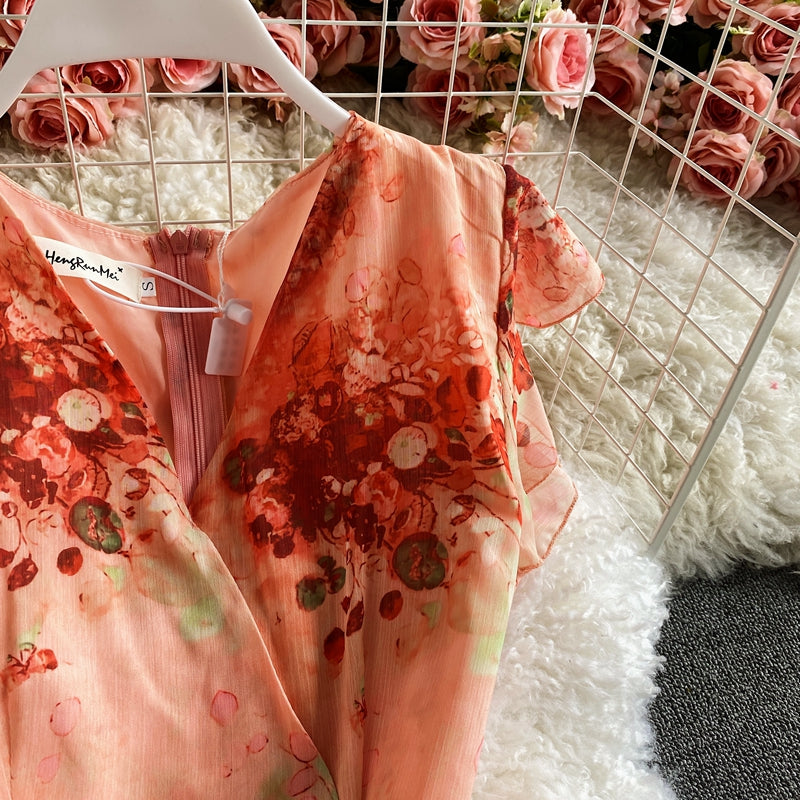Vintage V-Neck Printed Chiffon Drawstring Mermaid Midi Dress Women Elegant High Waist Ruffle Vestidos Fashion Spring Summer
