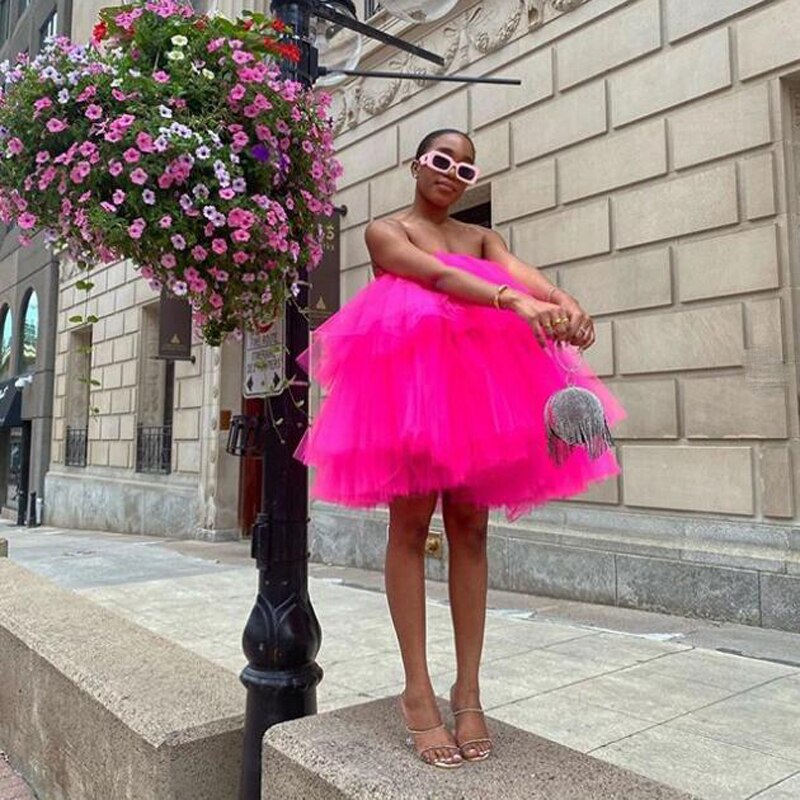 sixsr Chic Fuchsia Ruffles Short Tulle Dresses Women Puffy A-line Mini Tutu Dress Summer Off The Shoulder Robe Vestidos