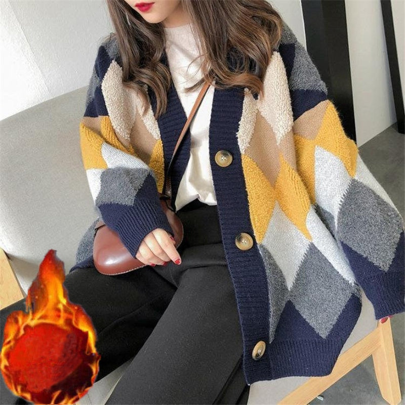 Sixsr Womens Fashion Spring Winter Women's Plaid Plus Velvet Warm Knitted Sweaters Cardigans Long Sleeve Checkered Coat Oversize Sweater Jackets