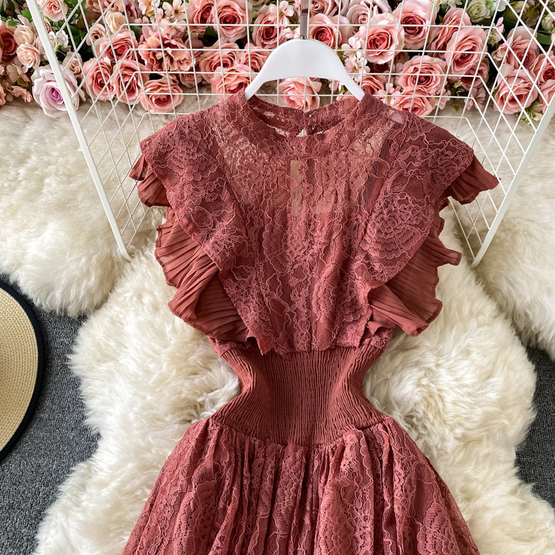 Sixsr Vintage Purple/Green/Red Lace Midi Dress Women Sweet Round Neck Ruffle Vestidos Female High Waist Slim Robe Spring Autumn