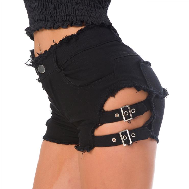 sixsr Sexy Low Waist Bandage Denim Ripped Hole Short Jeans Women Mini Skinny Sexy Club DJ Dance Shorts New White Blue Black