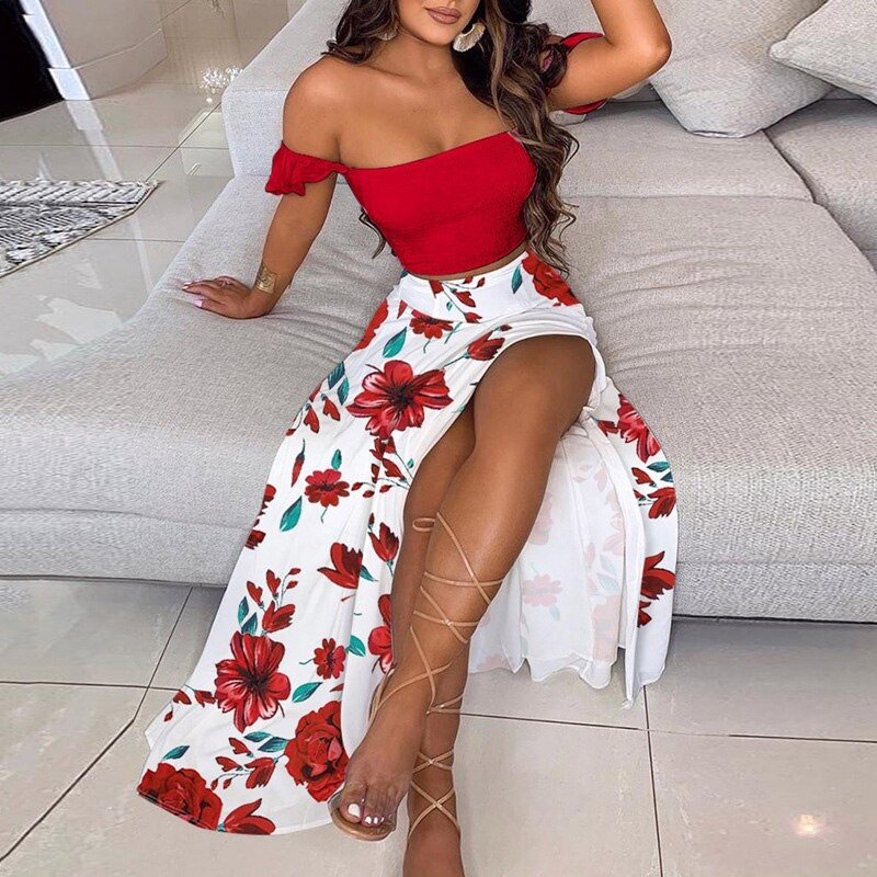 sixsr Off Shoulder Women Two Piece Set Sexy Slash Neck Top and Slit  Summer Long Party Dress Suits Spring Floral Print Skirts Sets