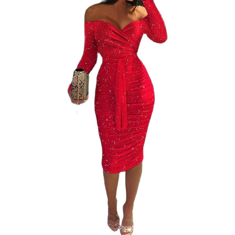 sixsr Women Clothing Asymmetric Collar High Waist Robe Slit Dress Chic Solid Short Sleeve Elegant Fashion Prom Banquet Dress New
