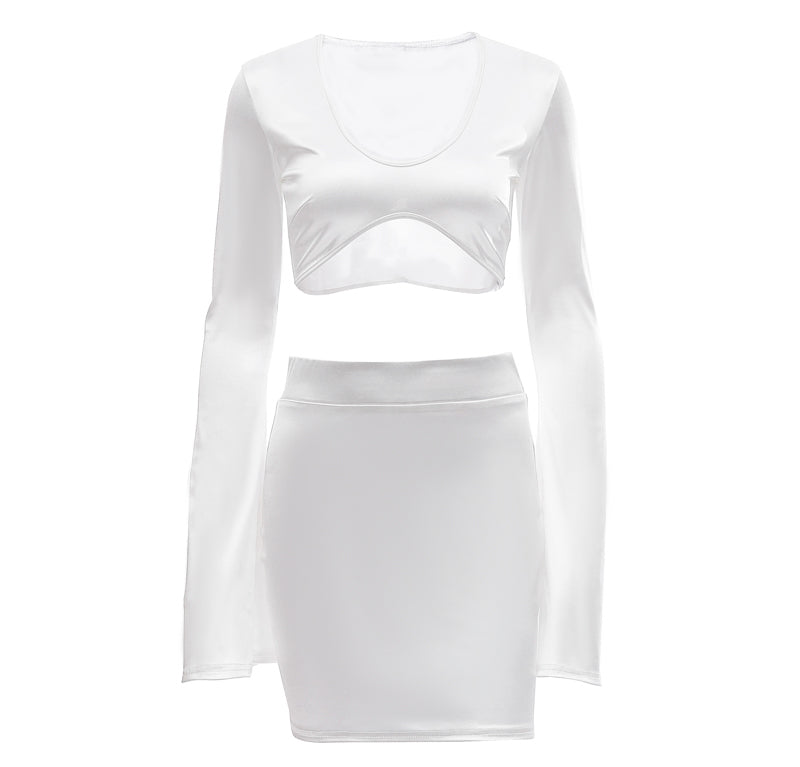 Sixsr Satin Flare Long Sleeve 2 Two Piece Matching Set Women Crop Top Skirt Autumn Winter Birthday Fashion Sexy Clothes
