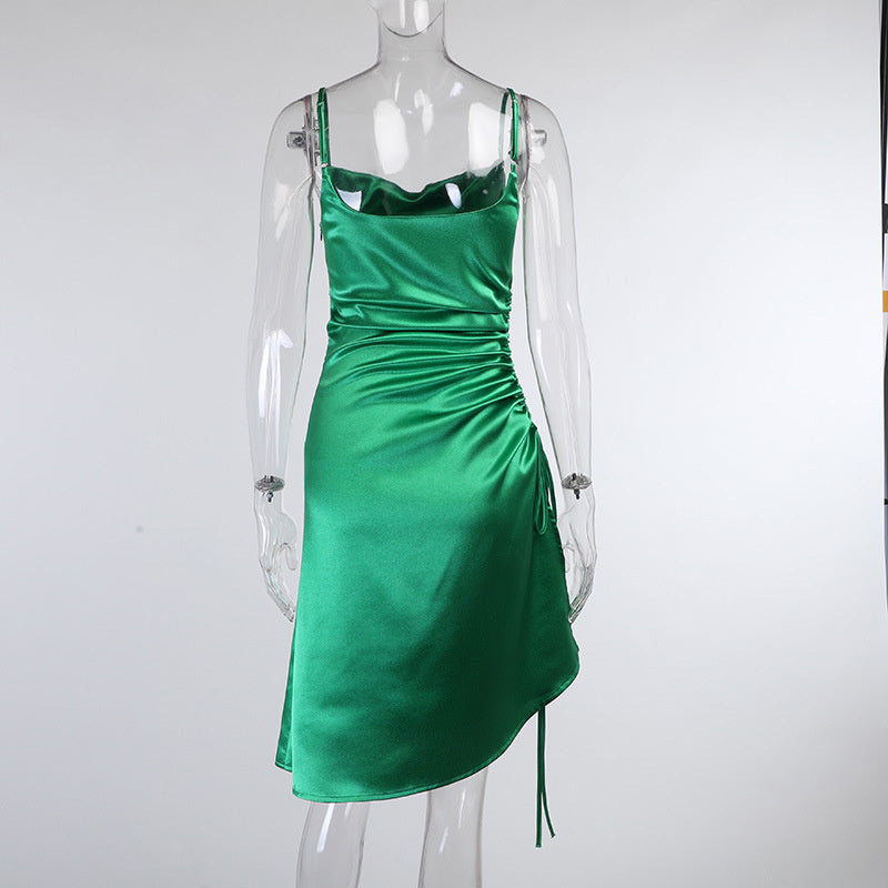 Sixsr Satin Side Split Ruched Women's Dress Sleeveless Square Collar Party Dresses Solid Elegant Clubwear Evening Vestidos