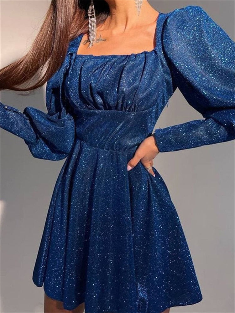 Sixsr Forefair Loose Party Club A Line Long Sleeve Women Mini Dress Spring Summer Casual Shining Glitter Women's Girls Dresses