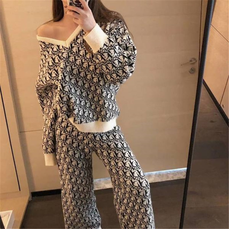 Sixsr New Fall Female Knitwear Long Sleeve 2 Piece Sets Letter Spliced Suit V-Neck Sweater Pullover Tracksuit Wide Leg Pants Sweatsuit