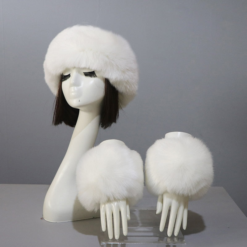 Sixsr New Autumn Winter Caps Female Hats Cuffs Set Fashion Warmth Imitation Quality Design Faux Fur Hat Fox Fur Sleeves Suit Accessary
