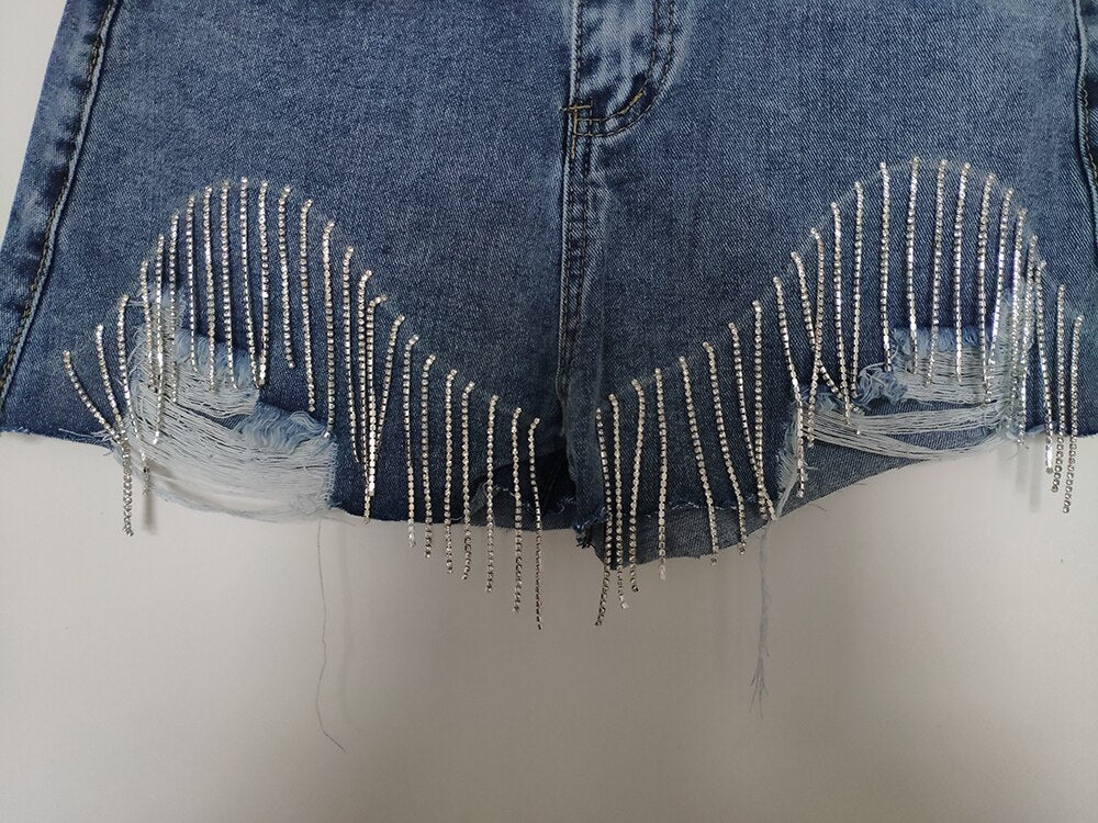 sixsr Spring Autumn Fashion Tide Denim Short Women High Street Rhinestone Sequins Hole Tassel Fit Wild Clothing