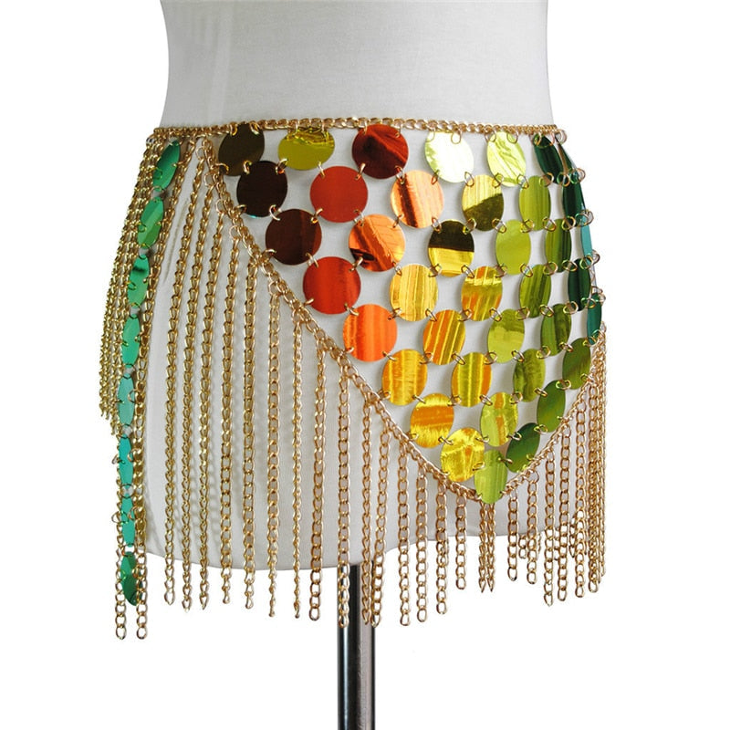 Sixsr Trends Fashion Gradient Color Shiny Sequins Dots Two Piece Set Low Cut Backless Sleeveless Crop Tops Tassel Mini Skirt Sexy Beach Outfits