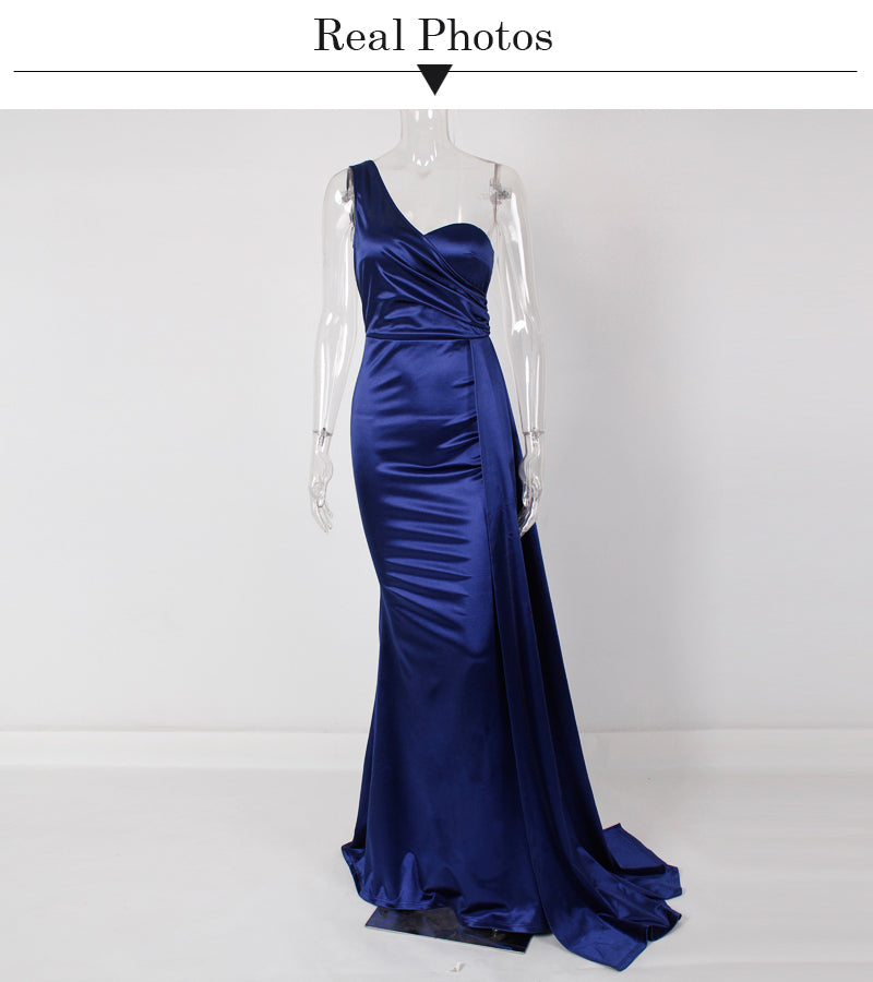 sixsr One Shoulder Padded Sexy Satin Maxi Dress Women's Evening Party Dress Gown with Ribbon Royal Blue Green Draped Long Dress
