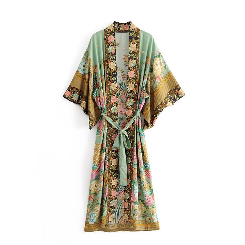 Sixsr women peacock floral print bat sleeve beach Bohemian Kimono robe Ladies V neck Tassel Summer happie dress vestidos
