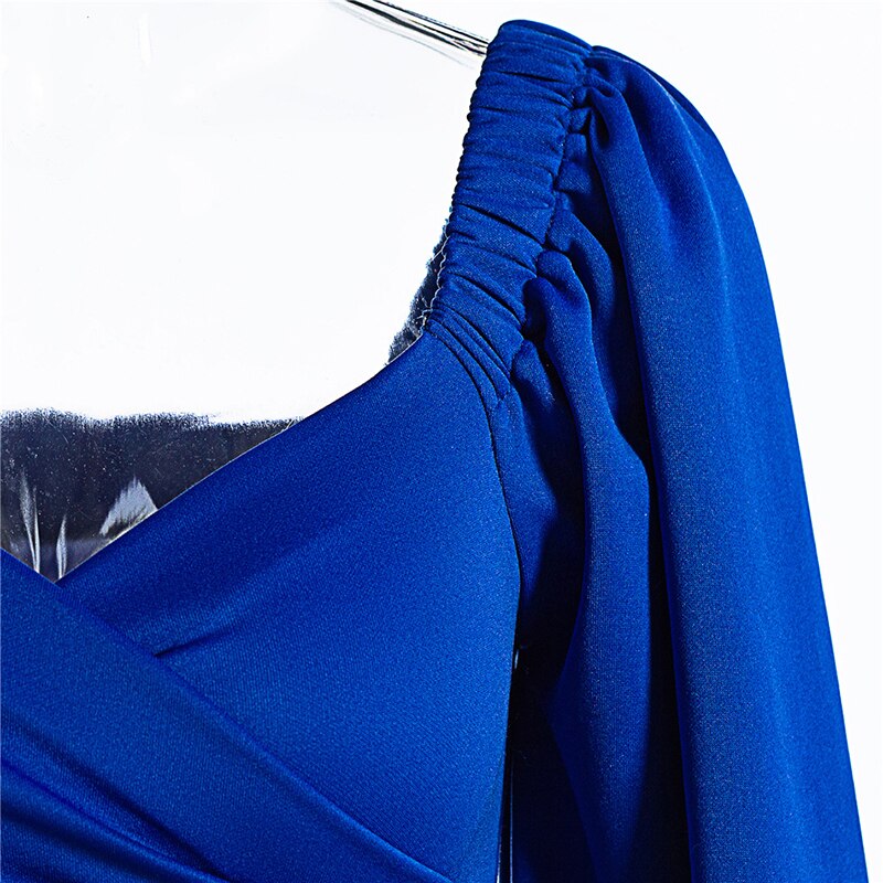 sixsr Midi Night Dress Women Long Puff Sleeve A-LINE Ruffled Backless Bodycon Sexy Dress Autumn Winter Elegant Office Lady Prom