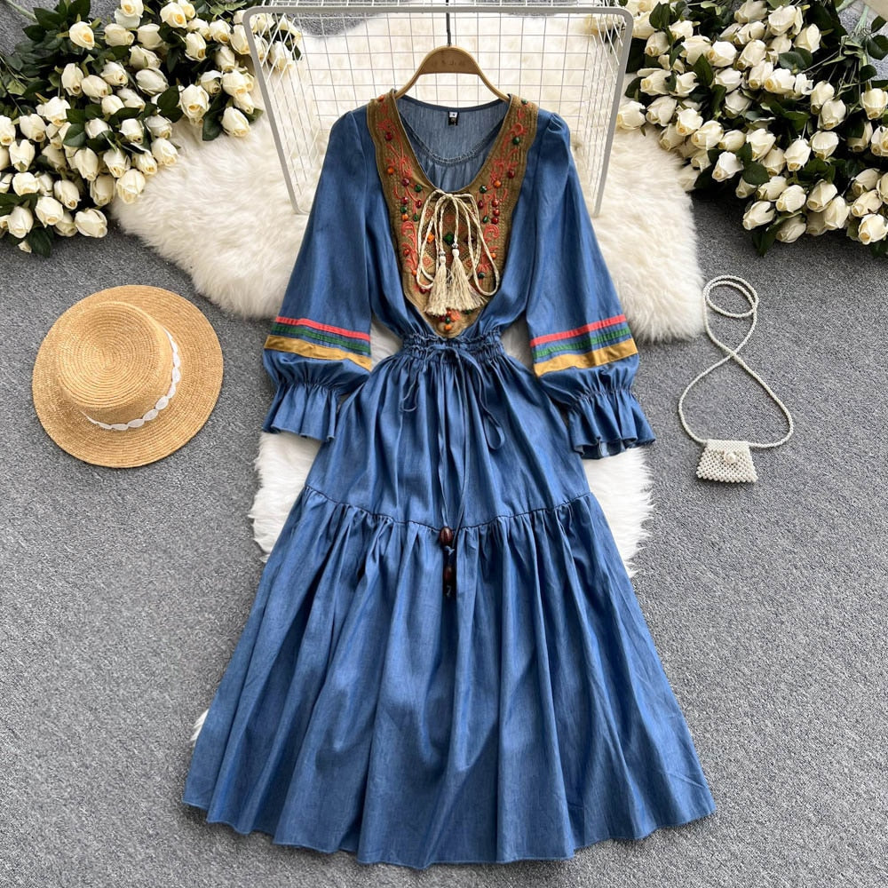 Quality Embroidered Denim Dress Summer Autumn National Korean Pleated A Line Long Sleeve Cowboy Dress Women Jeans Dress