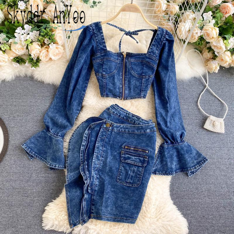 Sixsr Trends high quality Spring Autumn Two Piece Set Women Sexy Jeans 2 Two Piece Set Long Sleeve Crop Tops And Bodycon Short Denim Skirt Suits for Woman