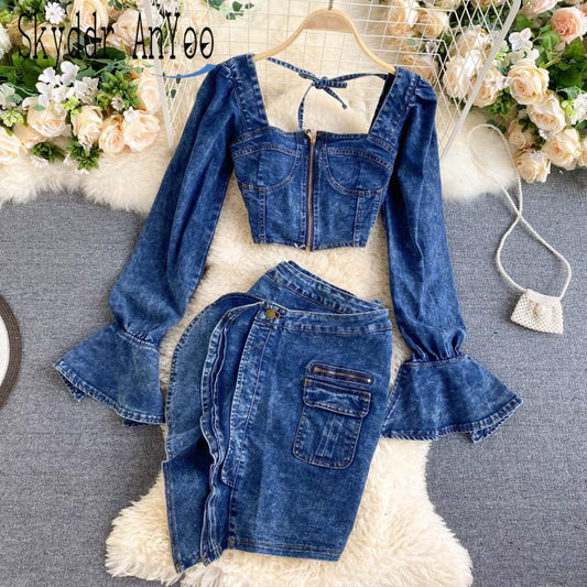 Sixsr Trends  high quality Spring Autumn Two Piece Set  Women Sexy Jeans 2 Two Piece Set Long Sleeve Crop Tops And Bodycon Short Denim Skirt Suits for Woman