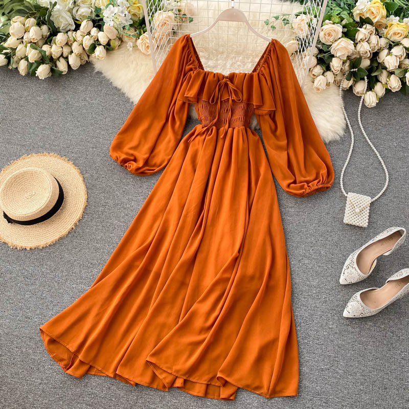 Sixsr Woherb Chic Elegant Square Collar Maxi Dress Women Solid Chiffon Puff Sleeve Dresses Korean Fashion Vintage Ruffle Vestidos
