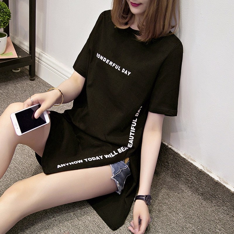 Sixsr Fashion Trends Plus size Wonderful Day Print Long T shirts Summer Women Loose Slit Femme Tops Cotton Tshirt Short sleeve Ladies t-shirt