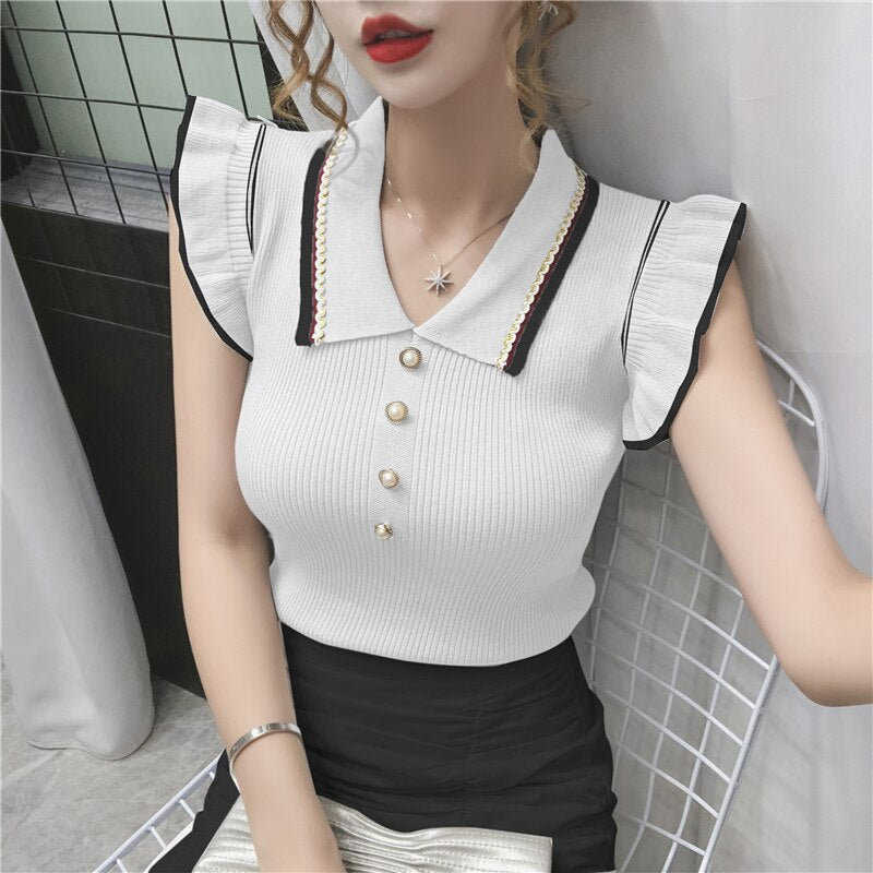 sixsr Womens Fashion Trends Summer Fashion Korean Slim Crop Tops Women Turn-down Collar Knitted T-shirts Sleeveless Ruffles T Shirt Female Tee Shirt Femme
