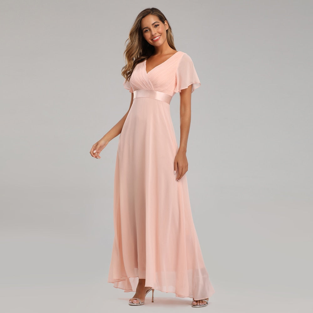sixsr Evening Dresses Elegant V-Neck Ruffles Chiffon Formal Evening Gown Robe Vestidos De fiesta Dress for Wedding Party