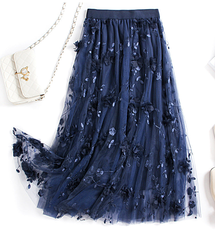sixsr Luxury Woman Skirts Korean style Fashion Elastic Waist Appliques Embroidery Floral Mesh Skirt Long Gauze Ball Gown Skirt