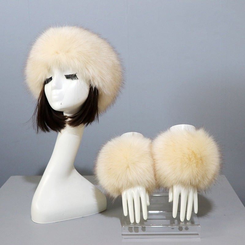 Sixsr New Autumn Winter Caps Female Hats Cuffs Set Fashion Warmth Imitation Quality Design Faux Fur Hat Fox Fur Sleeves Suit Accessary