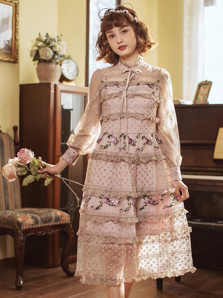 sixsr Spring Outfits Designer Runway Party Evening Midi Long Dresses For Women Ruffles Embroidery Floral Elegant Traf Chic Ladies Vestidos Femme Robe