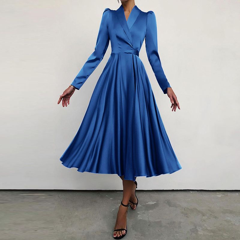Sixsr Fashion Satin Party Dress Women Elegant Suit Collar Solid Midi Dresses Autumn Bandage Waisted Pleated Swing Vestidos(out of stock)