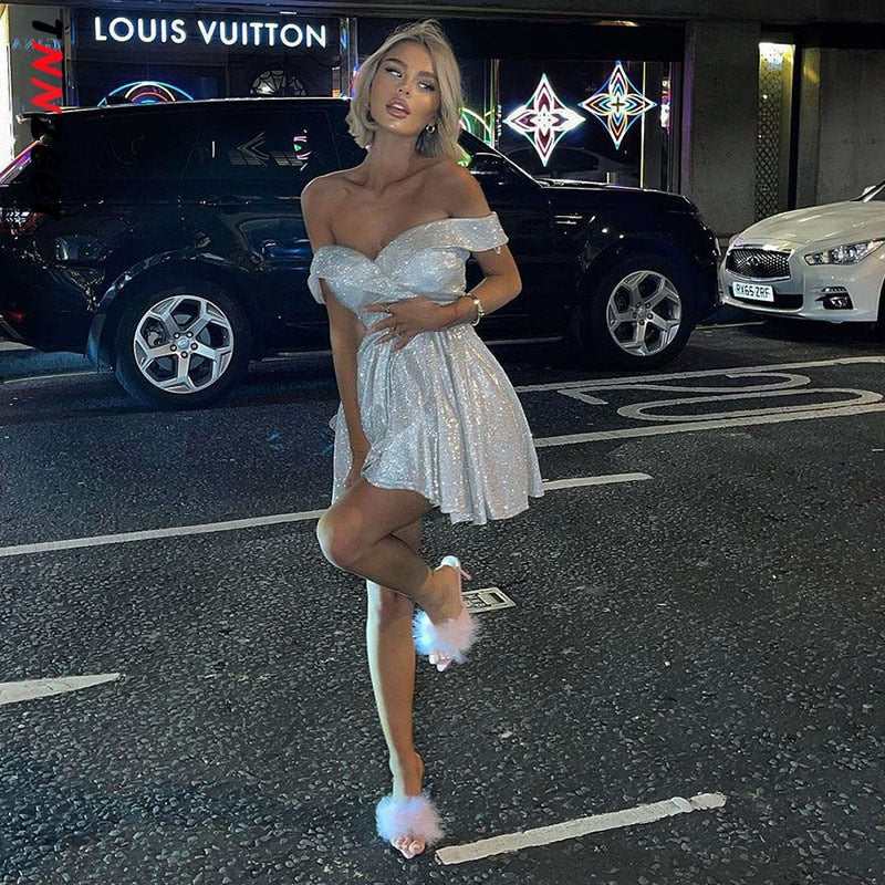 Sixsr  Summer Outfits Women Bling Glitter Women Off Shoulder A Line Mini Dress Pleated Party Elegant Festival Evening Autumn Winter Clothes