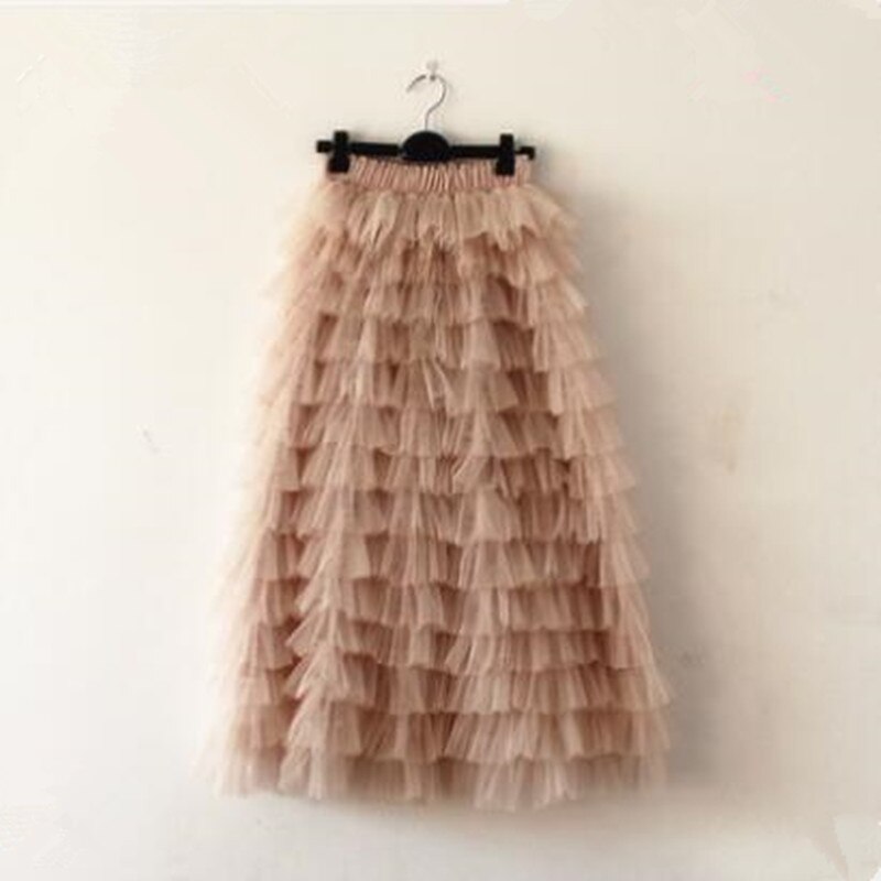 sixsr jupe femme ete Spring Party Skirt Elastic High Waist Long Tulle Skirt Women Multilayer ruffles Pink Mesh Tutu Skirt Ladies