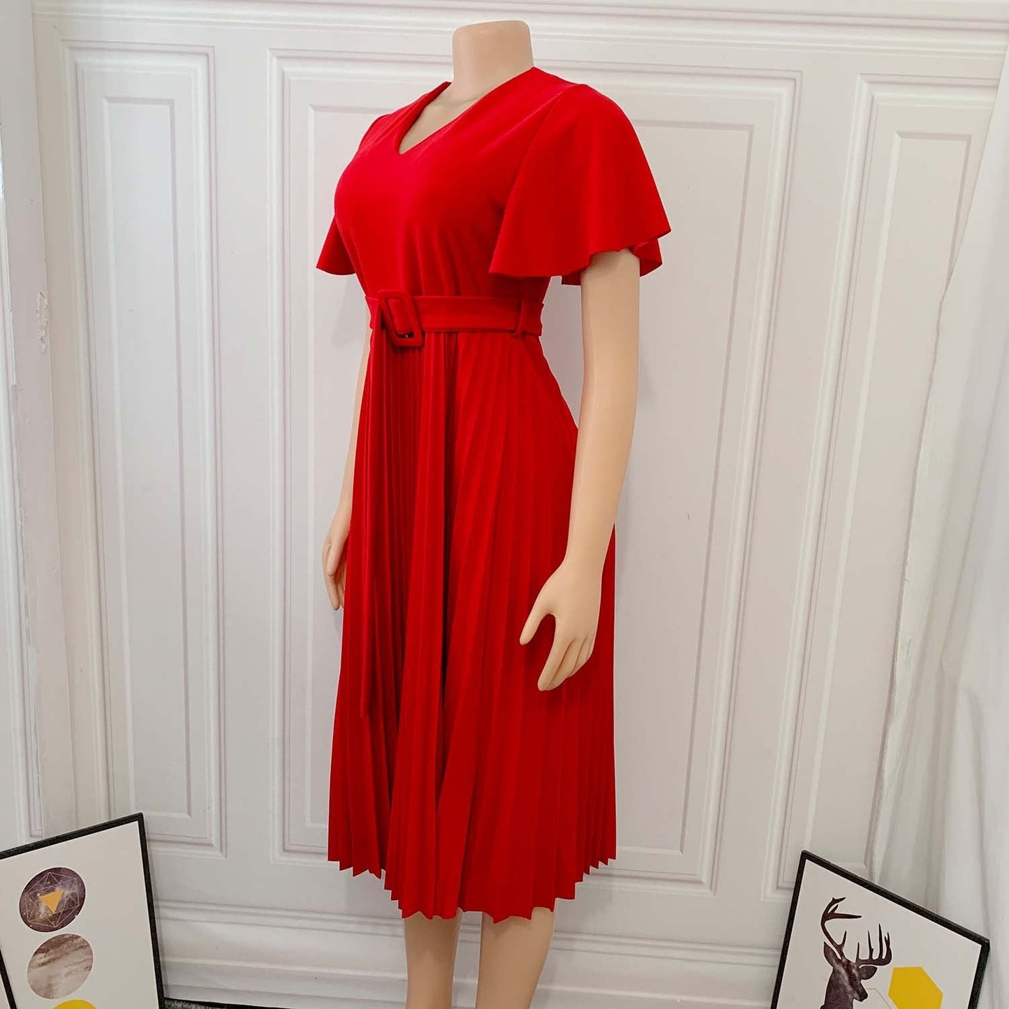Sixsr Women Pleated Dresses High Waist Short Sleeves A Line Modest African Office Ladies Work Wear Date Elegant Classy Robes Vestidos