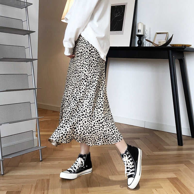 Satin Leopard-print Skirt Female Summer High Waist Hip-covered Fish Tail A- Line Skirt