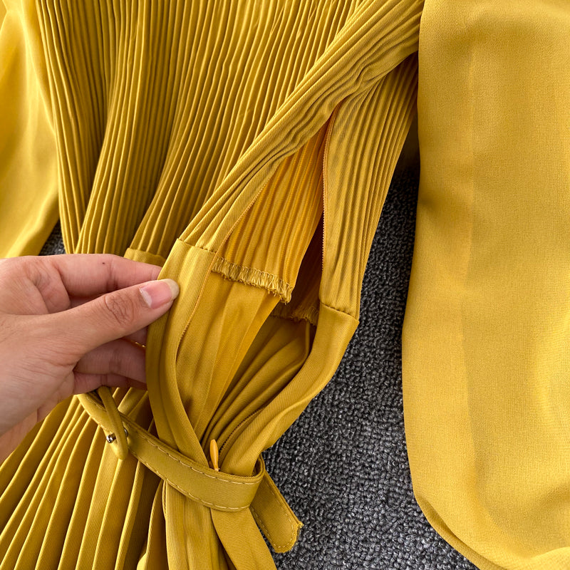 Sixsr Vintage Women Pleated Long Dress Female Elegant Lantern Long Sleeve High Waist Red/Purple Draped Maxi Vestidos Spring Autumn New