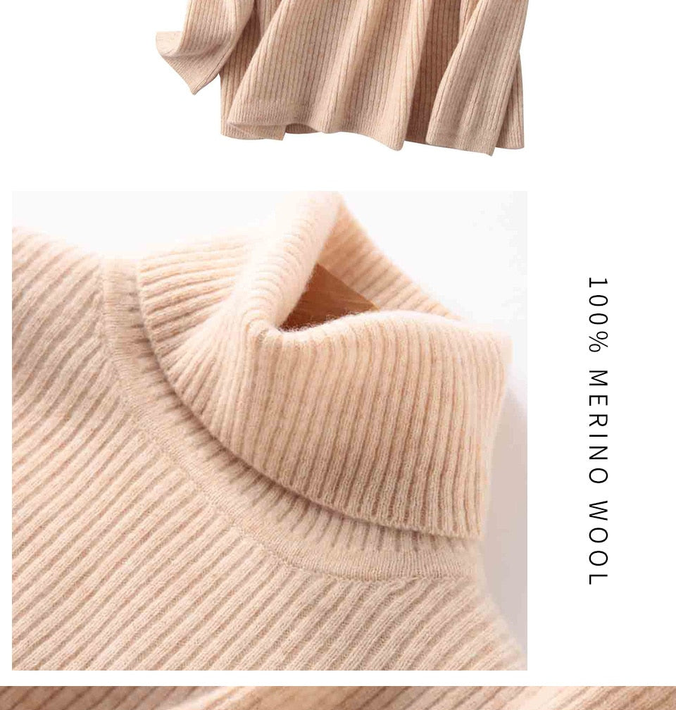 100% Merino Wool Turtleneck Women Sweater Autumn Winter Warm Soft Jumper Women Knitted Pullover Femme Cashmere Sweater Knit