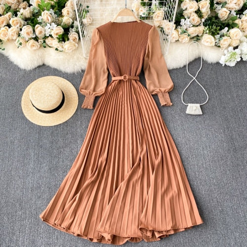 Sixsr Vintage Women Pleated Long Dress Female Elegant Lantern Long Sleeve High Waist Red/Purple Draped Maxi Vestidos Spring Autumn New