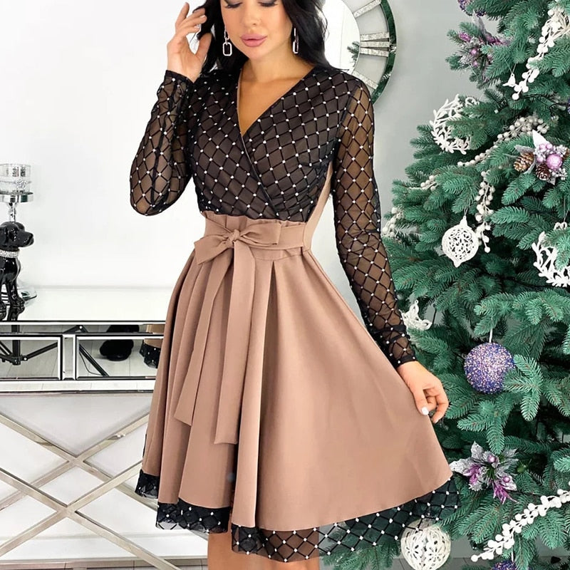 Sixsr Spring Outfits Fashion Shiny Sequin Diamond Mesh Stitching Dress Women Spring Autumn Sheer Long Sleeve Belted Slim A Line Dresses