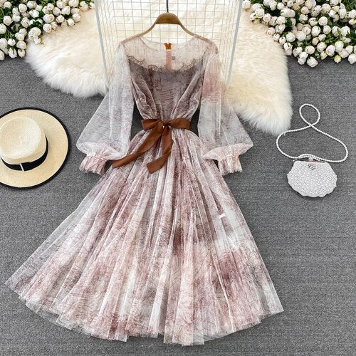 Sixsr Sexy Mesh Printed Dress Women Spring Autumn Round Neck Puff Long Sleeve Ink Pattern A-Line Big Swing Vestidos Female New